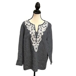 Talbots Striped Embroidered Tunic Top XL Blue White V Neck Long Sleeve Linen